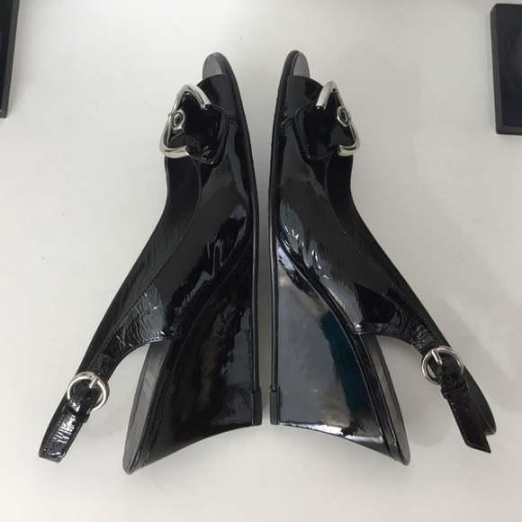 Stuart Weitzman Black Patent Peep Toe Wedges, 8M - Picture 3 of 8